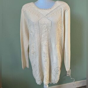 Vintage Napa Valley Womens Sweater Large White Beaded Mock Neck Grannycore 80s